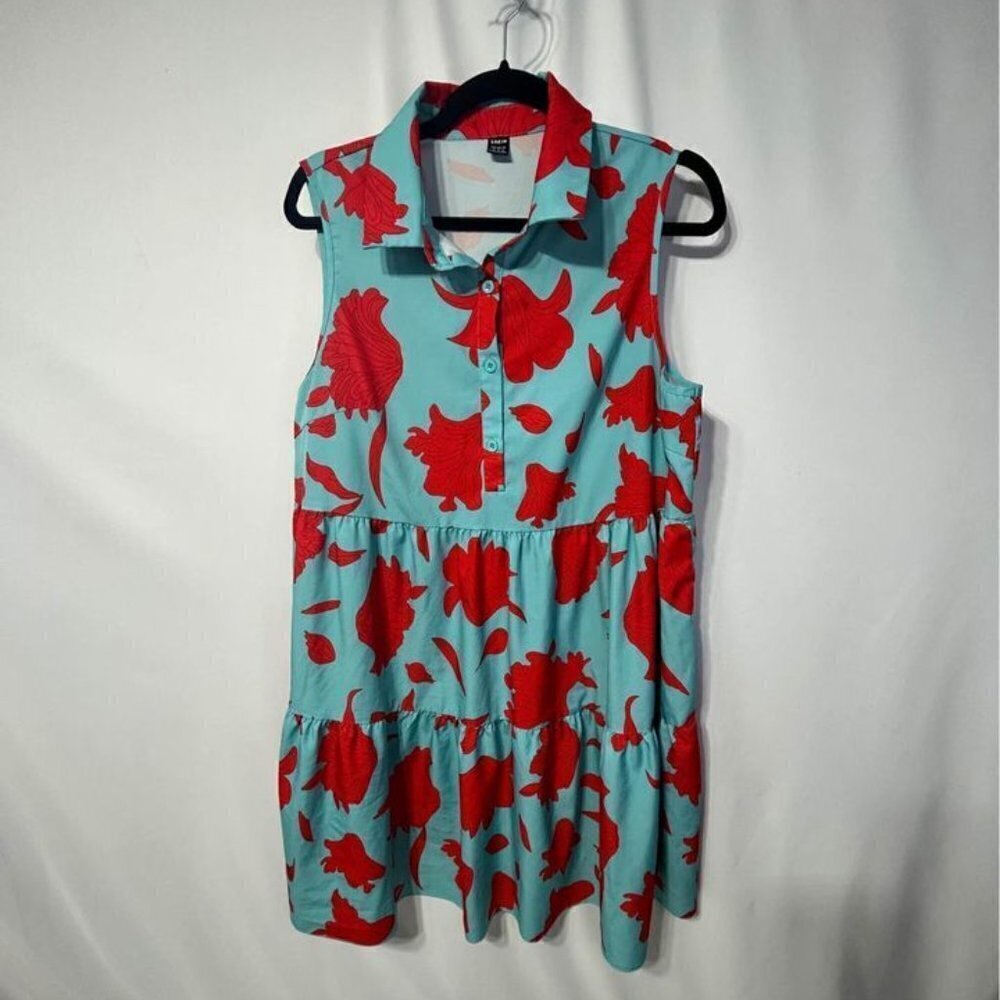 Woman’s ruffle hem sleeveless sundress. Teal/red. Size XL (12). New!